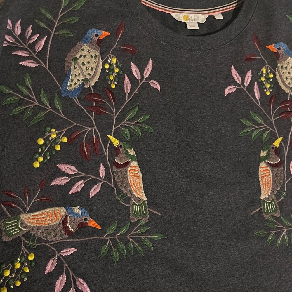 Boden Bird Embroidered Gray Sweater Small - Picture 2 of 16